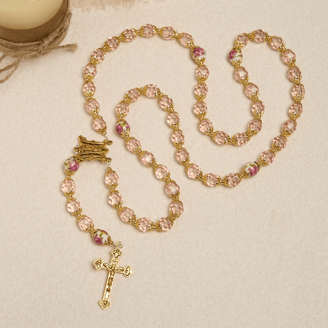 Christianartworkshop Pink Crystal Beads with Golden Alloy Chain Crucifix & Virgin Mary Prayer Rosary - image 2