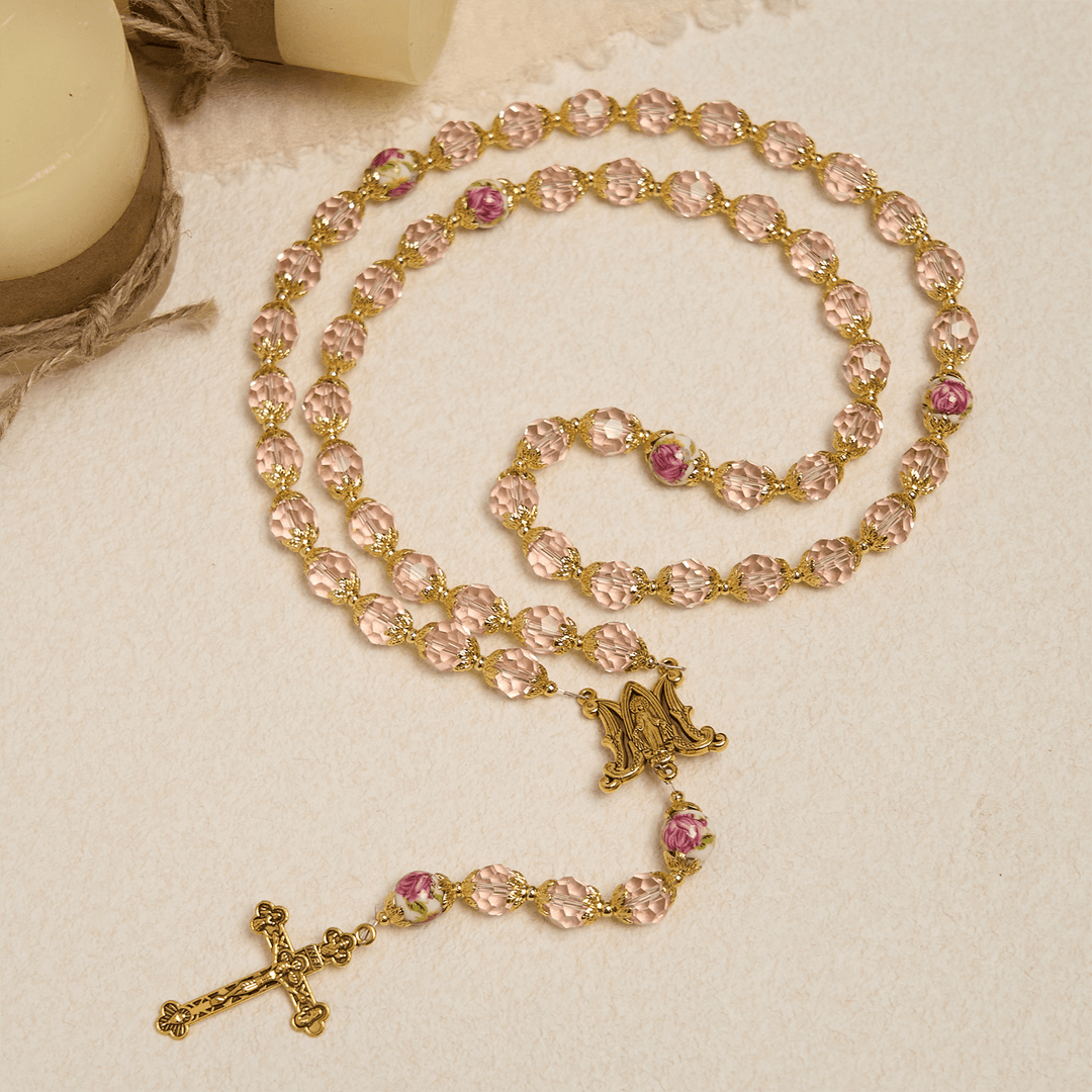 Christianartworkshop Pink Crystal Beads with Golden Alloy Chain Crucifix & Virgin Mary Prayer Rosary - image 3