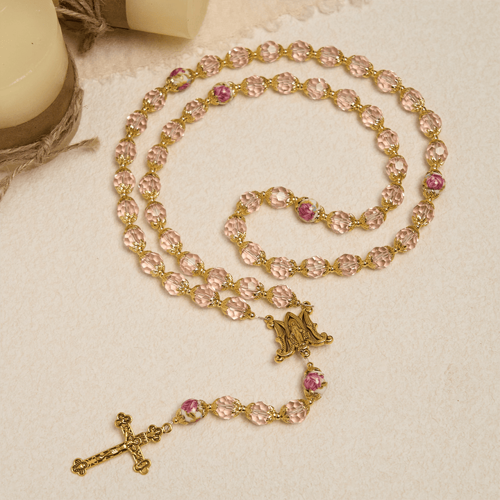 Christianartworkshop Pink Crystal Beads with Golden Alloy Chain Crucifix & Virgin Mary Prayer Rosary - image 3