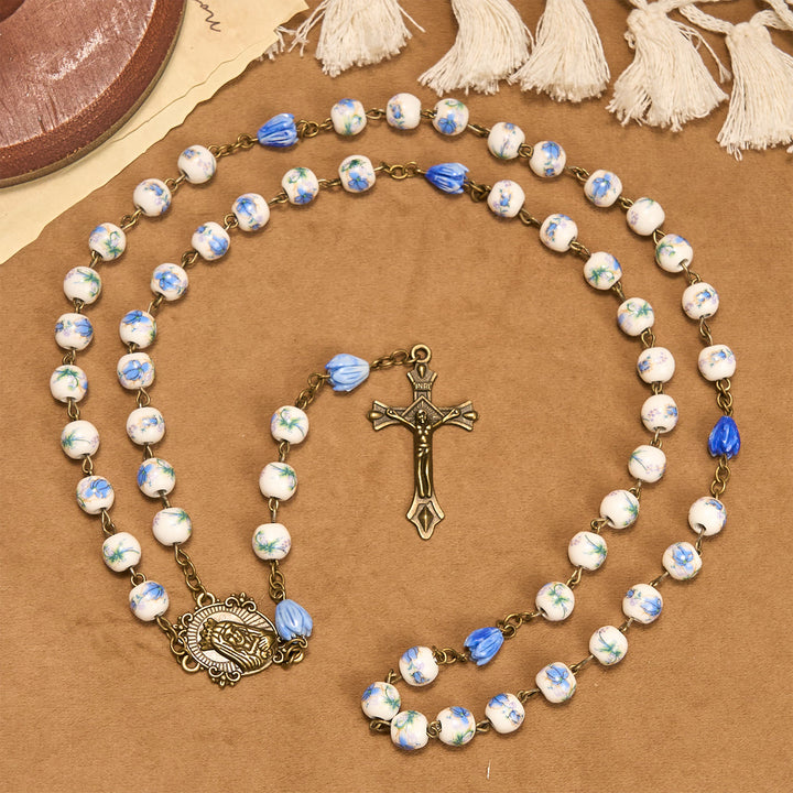 FREE Today: Immaculate Heart of Mary & Crucifix of 8 mm Round Blue Floral Acrylic Alloy Chain Rosary