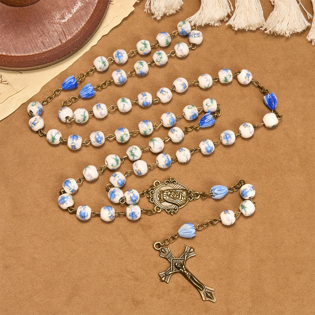 FREE Today: Immaculate Heart of Mary & Crucifix of 8 mm Round Blue Floral Acrylic Alloy Chain Rosary
