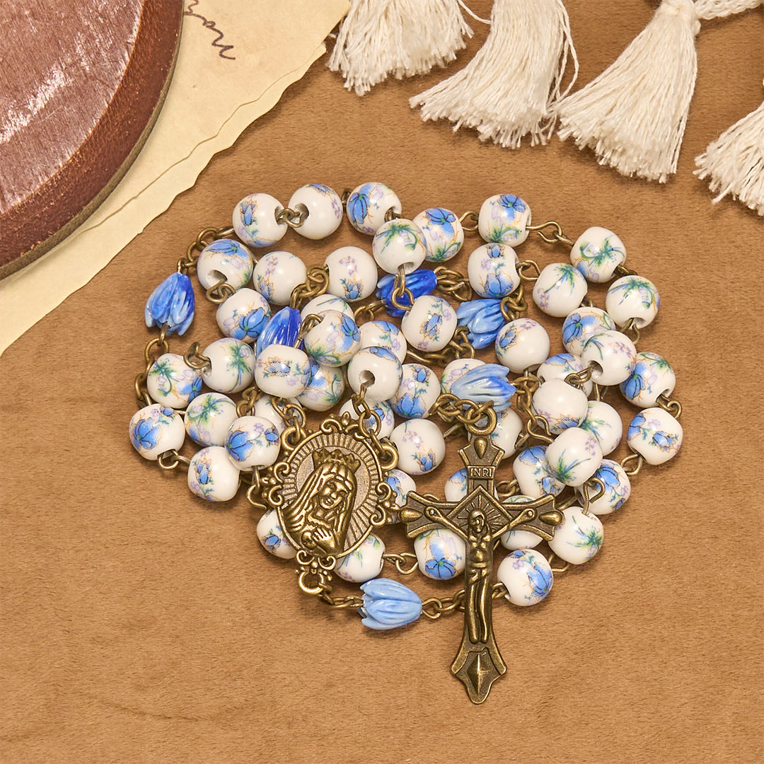 FREE Today: Immaculate Heart of Mary & Crucifix of 8 mm Round Blue Floral Acrylic Alloy Chain Rosary