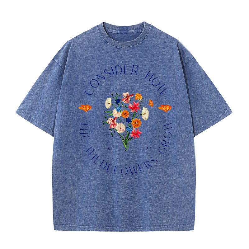 Christianartworkshop "Consider How The Wildflowers Grow" Unisex Washed T-Shirt - Blue - 5XL - image 2