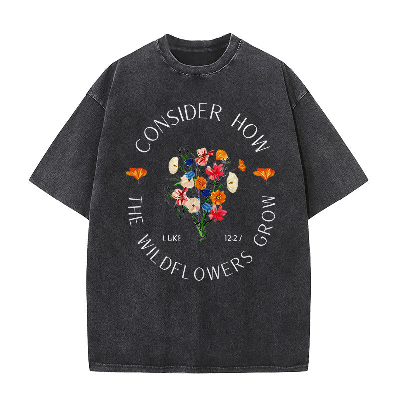 Christianartworkshop "Consider How The Wildflowers Grow" Unisex Washed T-Shirt - Black - 5XL - image 1