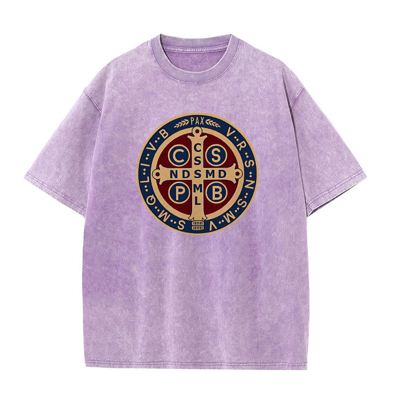 Christianartworkshop St. Benedict Medal Holy Cross Unisex Washed T-Shirt - Purple - 5XL - image 8