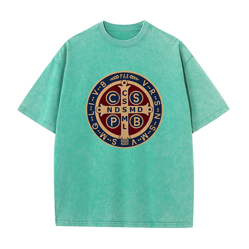 Christianartworkshop St. Benedict Medal Holy Cross Unisex Washed T-Shirt - Green - 5XL - image 9