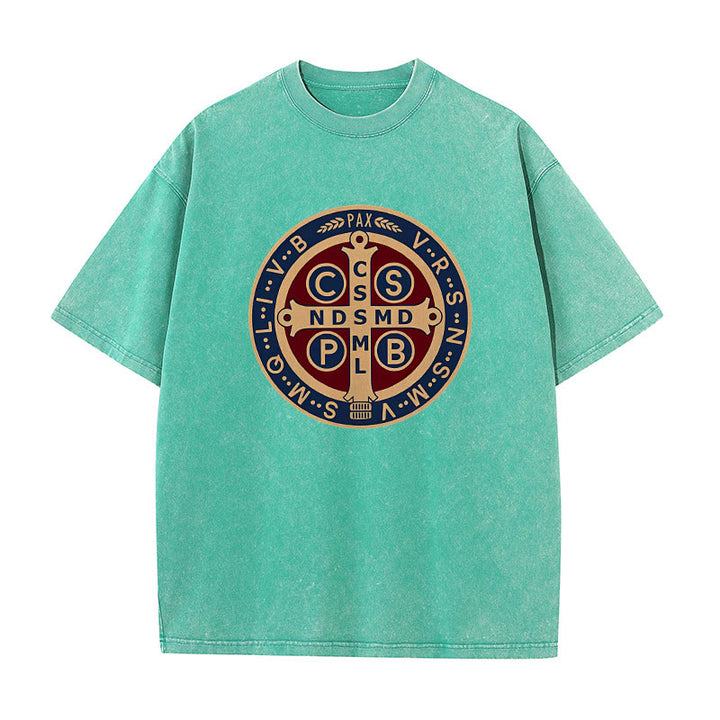 Christianartworkshop St. Benedict Medal Holy Cross Unisex Washed T-Shirt - Green - 5XL - image 9