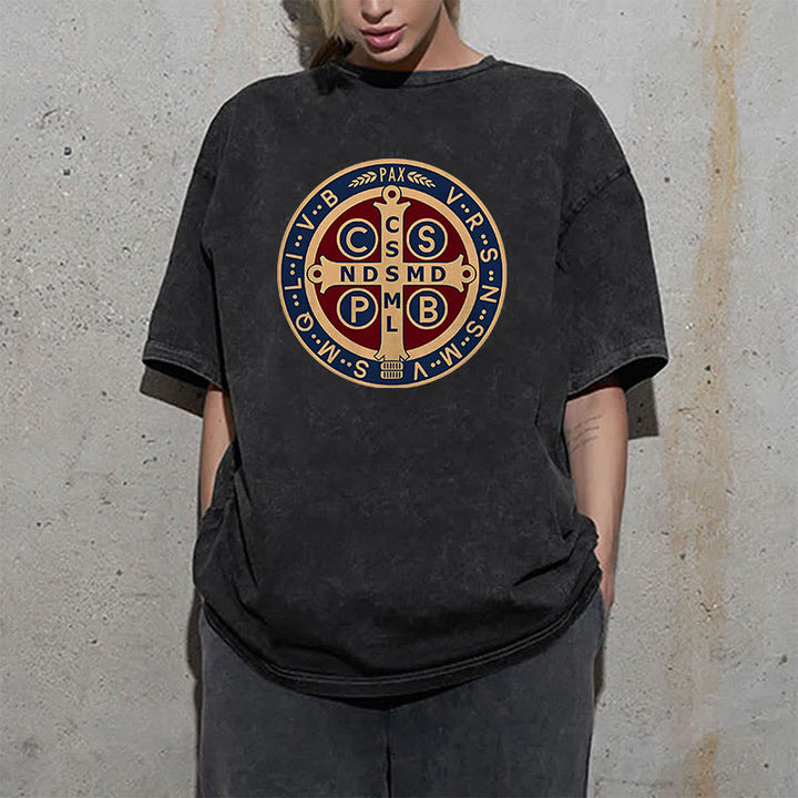 Christianartworkshop St. Benedict Medal Holy Cross Unisex Washed T-Shirt - image 1