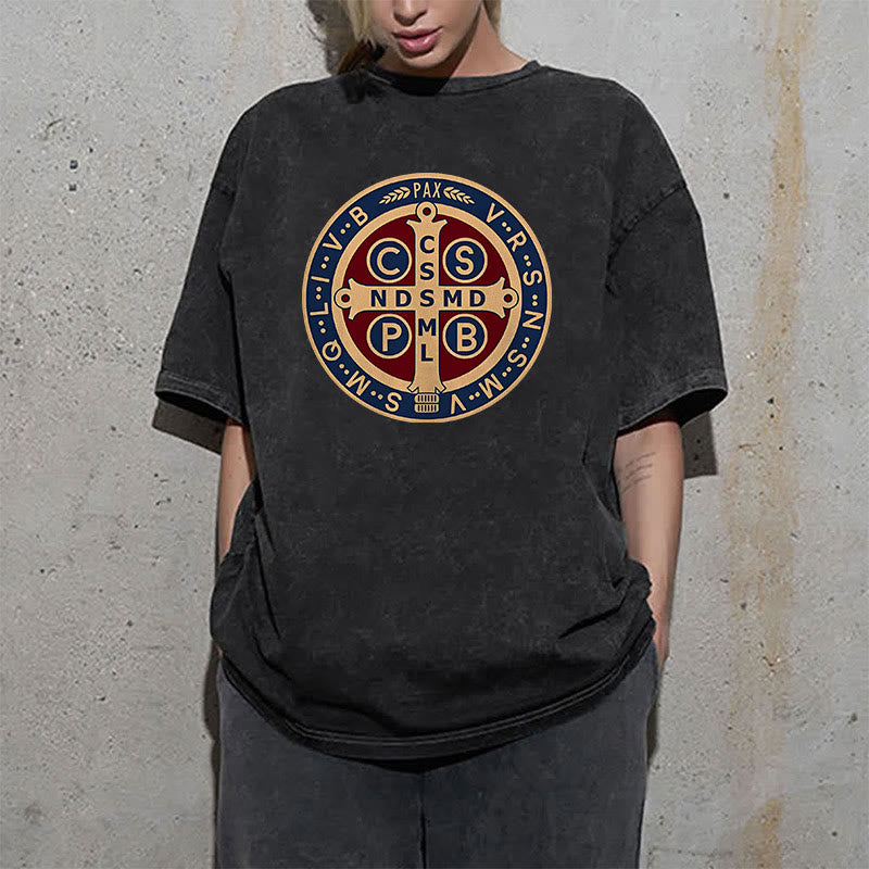 Christianartworkshop St. Benedict Medal Holy Cross Unisex Washed T-Shirt - image 10