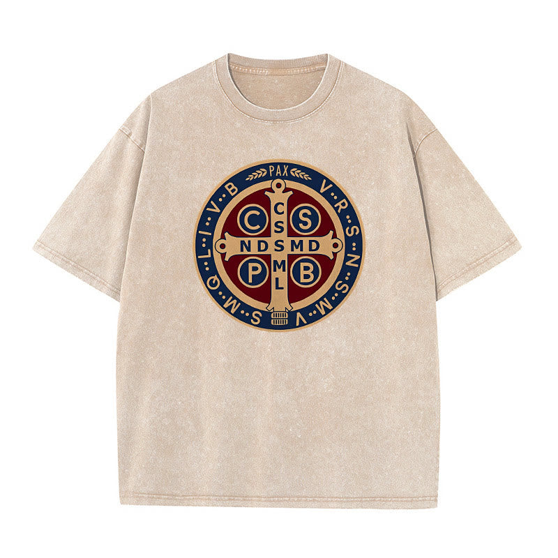 Christianartworkshop St. Benedict Medal Holy Cross Unisex Washed T-Shirt - Apricot - 5XL - image 7