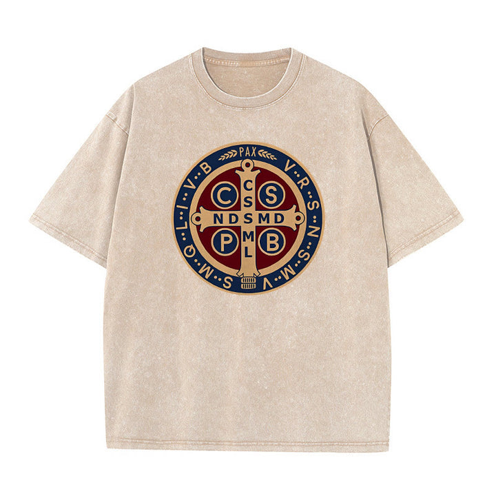 Christianartworkshop St. Benedict Medal Holy Cross Unisex Washed T-Shirt - Apricot - 5XL - image 7