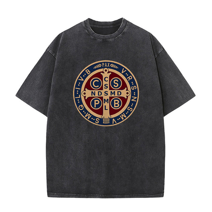 Christianartworkshop St. Benedict Medal Holy Cross Unisex Washed T-Shirt - Black - 5XL - image 1