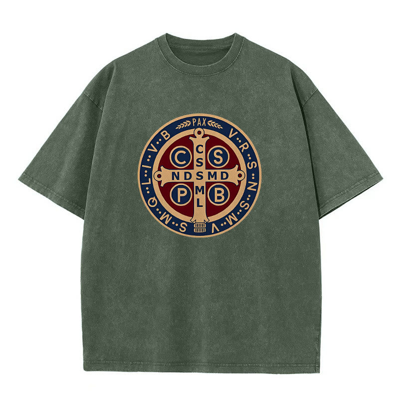Christianartworkshop St. Benedict Medal Holy Cross Unisex Washed T-Shirt - Army Green - 5XL - image 4