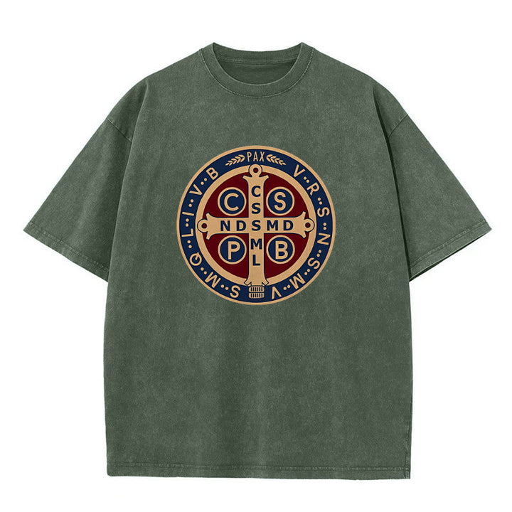 Christianartworkshop St. Benedict Medal Holy Cross Unisex Washed T-Shirt - Army Green - 5XL - image 4