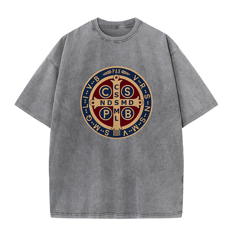 Christianartworkshop St. Benedict Medal Holy Cross Unisex Washed T-Shirt - Grey - 5XL - image 3