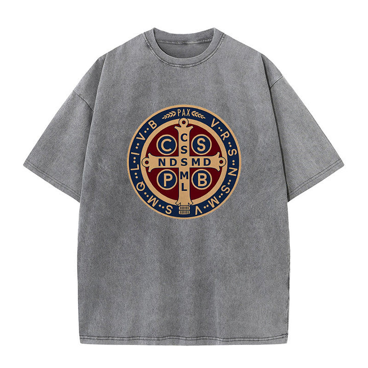 Christianartworkshop St. Benedict Medal Holy Cross Unisex Washed T-Shirt - Grey - 5XL - image 3