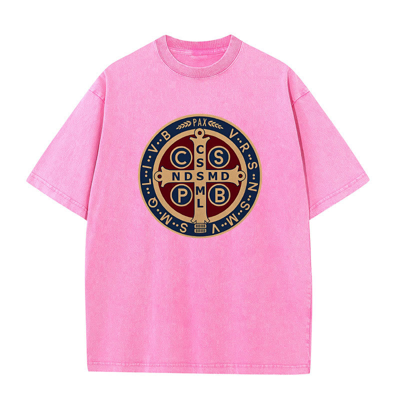 Christianartworkshop St. Benedict Medal Holy Cross Unisex Washed T-Shirt - Pink - 5XL - image 6