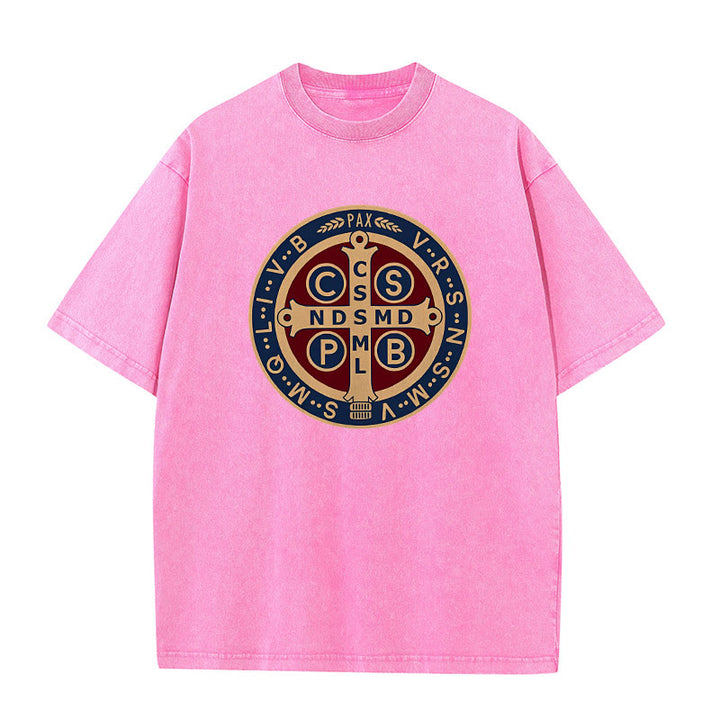 Christianartworkshop St. Benedict Medal Holy Cross Unisex Washed T-Shirt - Pink - 5XL - image 6