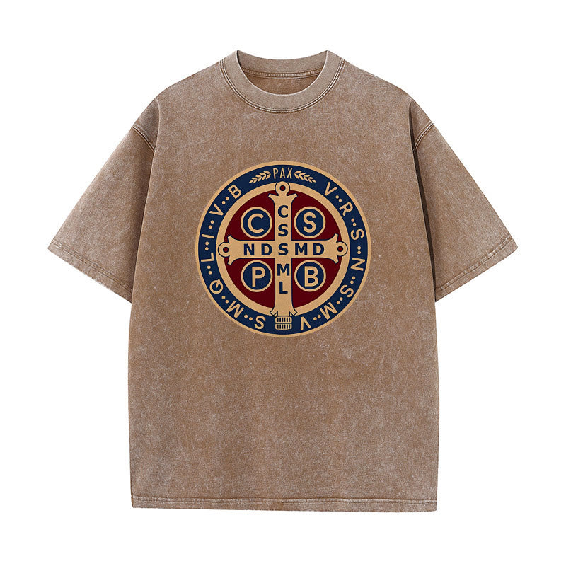 Christianartworkshop St. Benedict Medal Holy Cross Unisex Washed T-Shirt - Coffee - 5XL - image 5