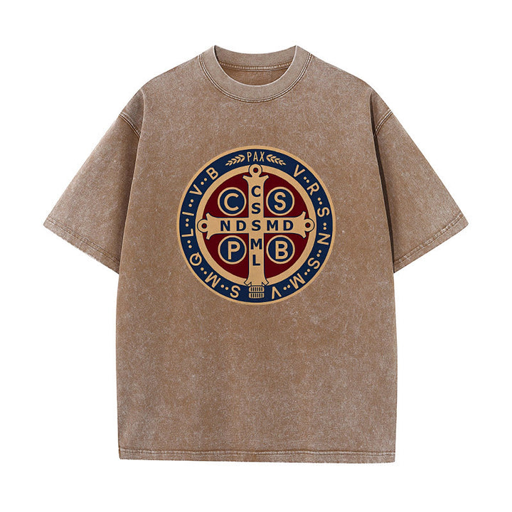 Christianartworkshop St. Benedict Medal Holy Cross Unisex Washed T-Shirt - Coffee - 5XL - image 5