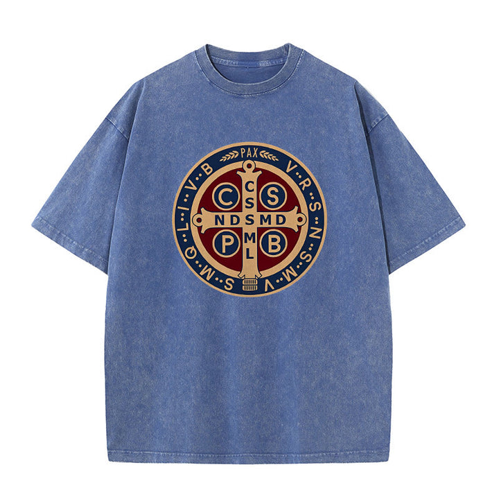 Christianartworkshop St. Benedict Medal Holy Cross Unisex Washed T-Shirt - Blue - 5XL - image 2