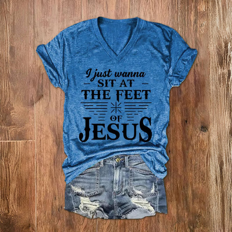 Christianartworkshop I Just Wanna Sit At The Feet of Jesus Print V-Neck T-shirt