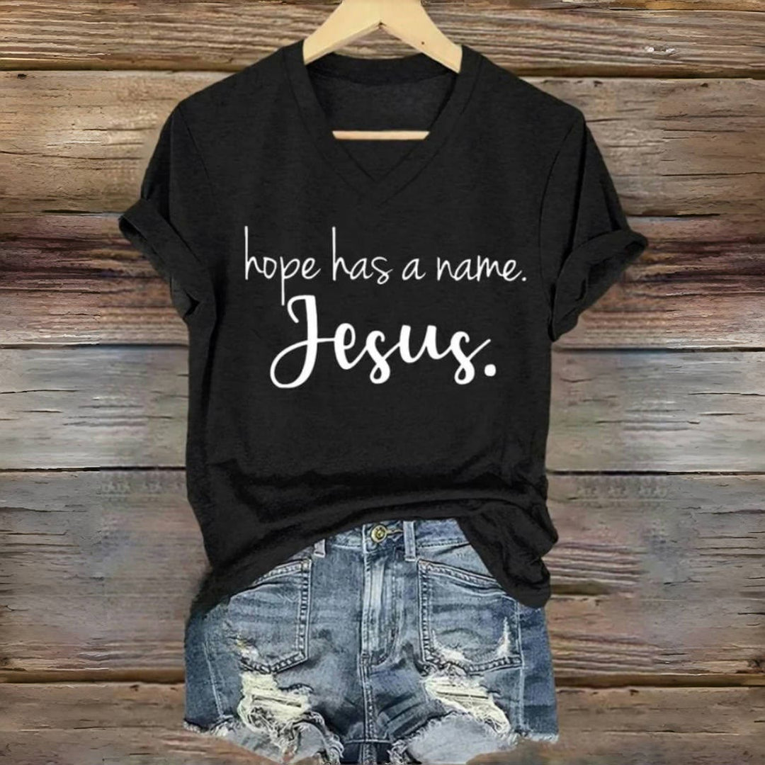 Christianartworkshop Hope Has A Name Jesus Print V-Neck T-shirt - Black - 4XL - image 3