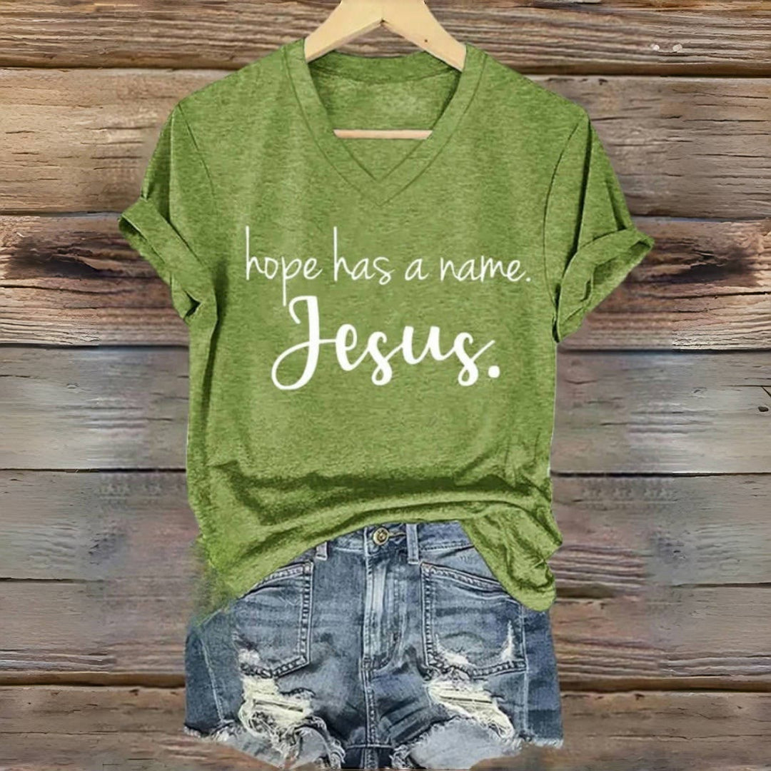 Christianartworkshop Hope Has A Name Jesus Print V-Neck T-shirt - Green - 4XL - image 0