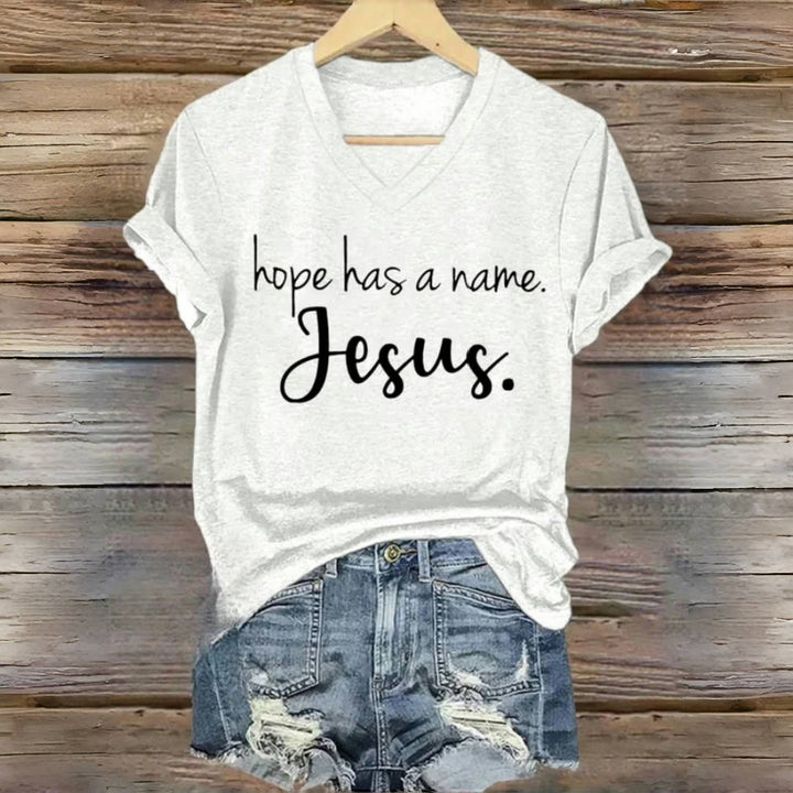 Christianartworkshop Hope Has A Name Jesus Print V-Neck T-shirt - White - 4XL - image 4