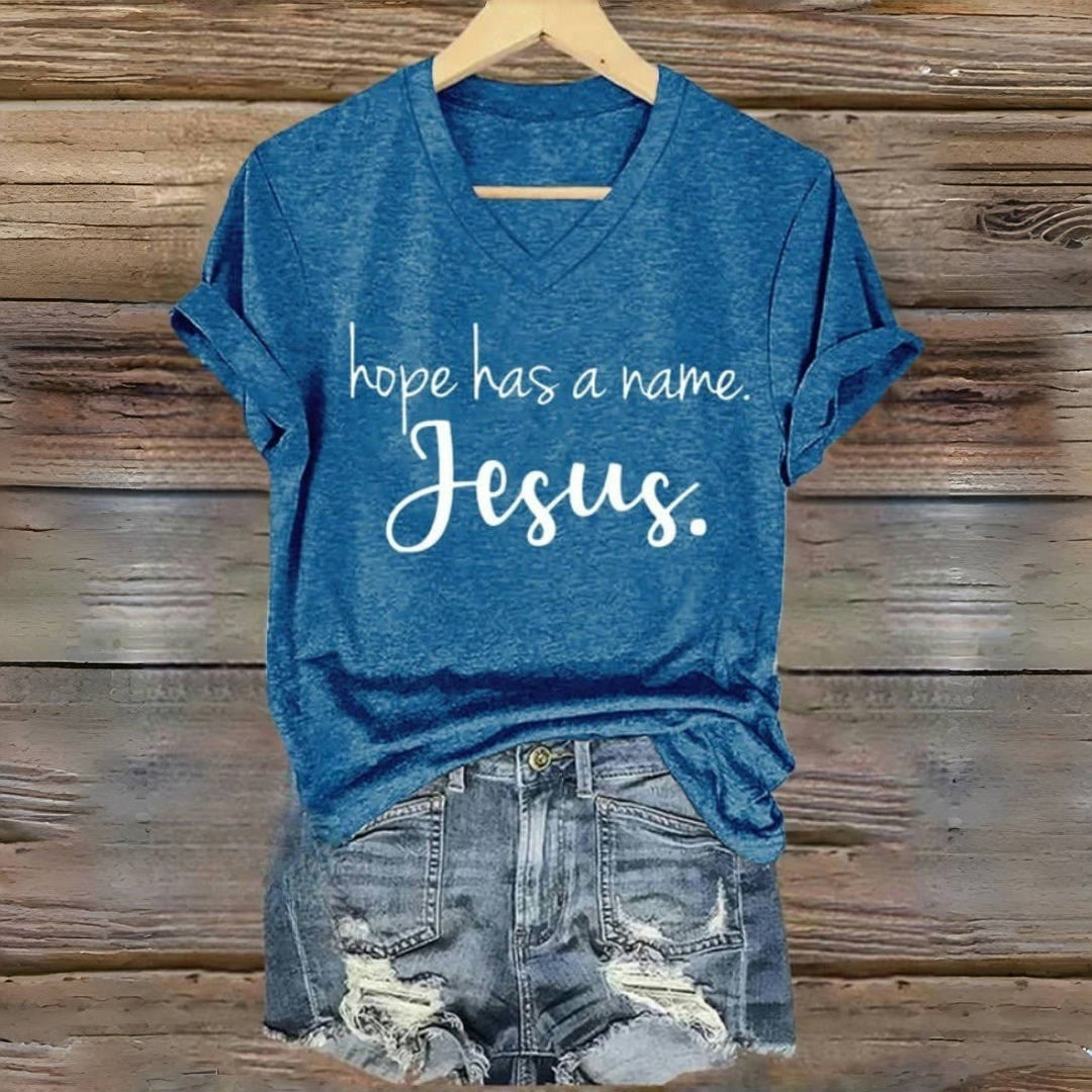 Christianartworkshop Hope Has A Name Jesus Print V-Neck T-shirt - Blue - 4XL - image 2