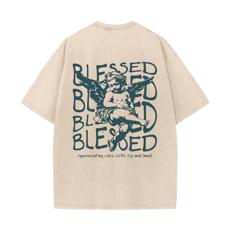 Christianartworkshop Inspired Blessed T-Shirt with Cherub Design Unisex Washed T-Shirt - Apricot - 5XL - image 1