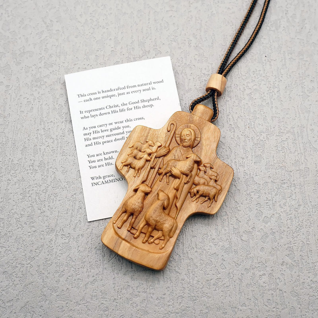 Christianartworkshop Handmade Good Shepherd Jesus With Wood Cross Necklace: A Symbol of Faith and Craftsmanship - Olive Wood - image 1