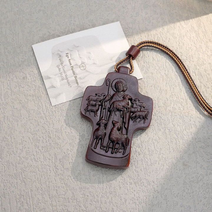Christianartworkshop Handmade Good Shepherd Jesus With Wood Cross Necklace: A Symbol of Faith and Craftsmanship - Rosewood - image 4