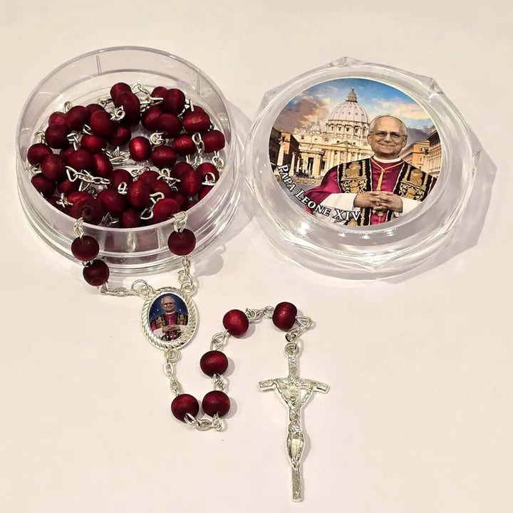 FREE Today: Pope Leo XIV Red Wood Beads Rosary Commemorating: A Spiritual Treasure