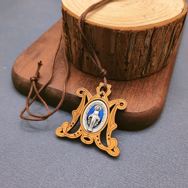 Christianartworkshop Vintage Olive Wood Miraculous Medal Necklace: A Timeless Emblem of Divine Grace - image 2