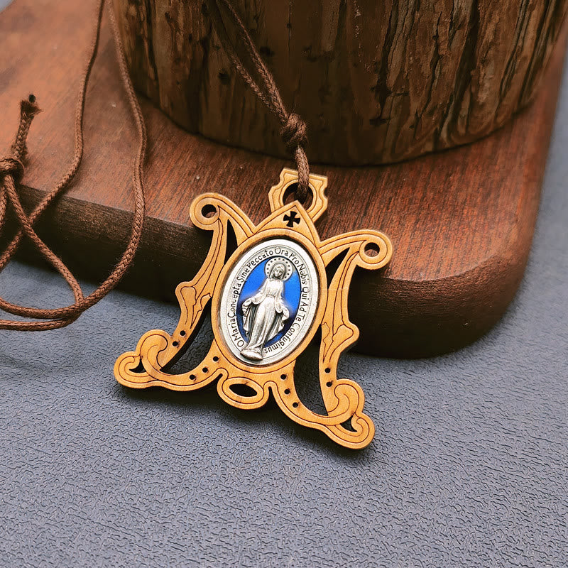 Christianartworkshop Vintage Olive Wood Miraculous Medal Necklace: A Timeless Emblem of Divine Grace - image 1