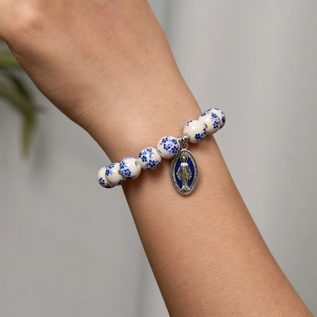 Christianartworkshop Blue & White Beaded Floral Bracelet with Miraculous Medal