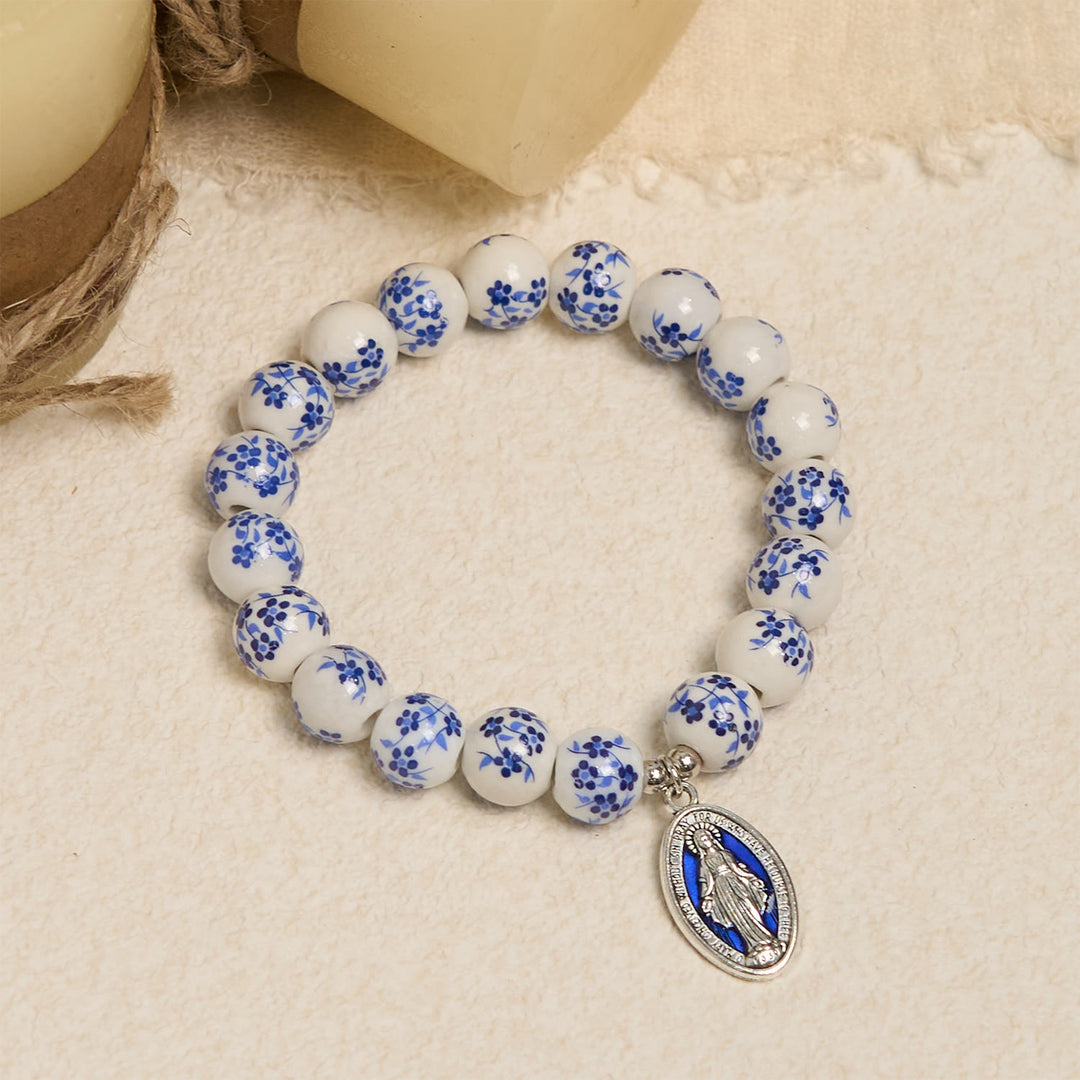 Christianartworkshop Blue & White Beaded Floral Bracelet with Miraculous Medal