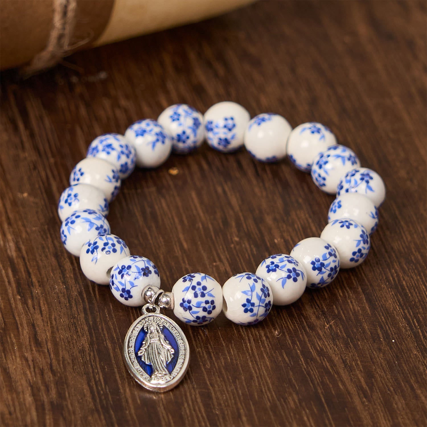 Christianartworkshop Blue & White Beaded Floral Bracelet with