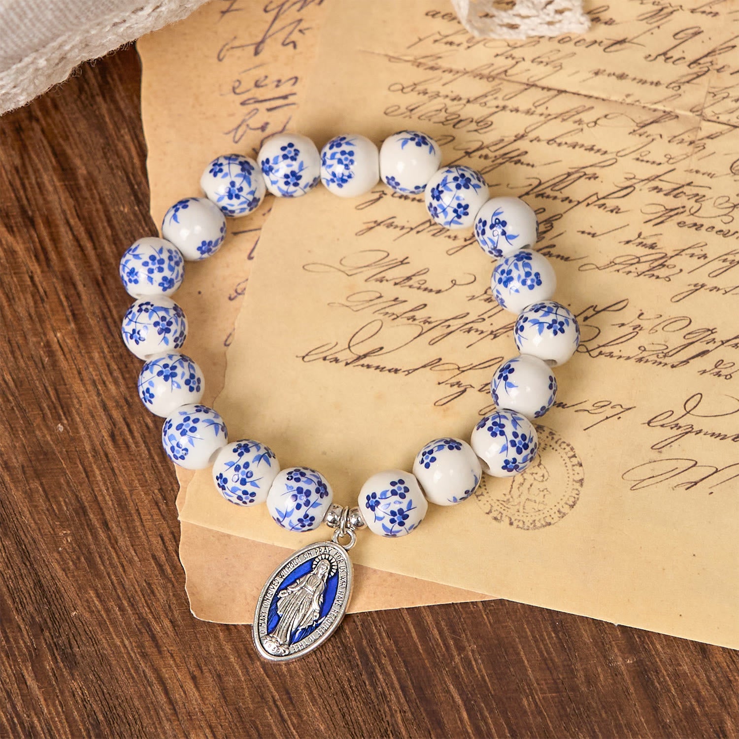 Christianartworkshop Blue & White Beaded Floral Bracelet with