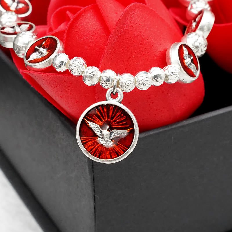 Christianartworkshop Enamel Holy Spirit with Cross and Rose Beads Bracelet: Cherished Symbol of Blessed Protection