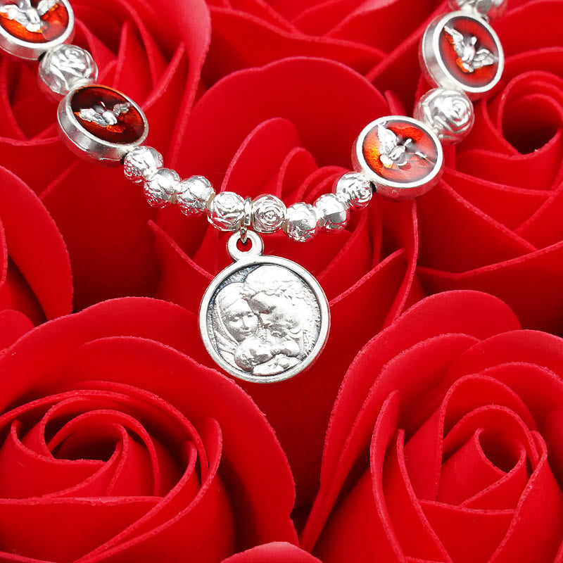 Christianartworkshop Enamel Holy Spirit with Cross and Rose Beads Bracelet: Cherished Symbol of Blessed Protection