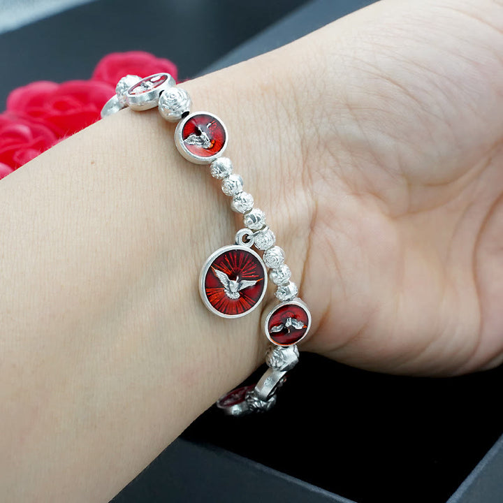 Christianartworkshop Enamel Holy Spirit with Cross and Rose Beads Bracelet: Cherished Symbol of Blessed Protection