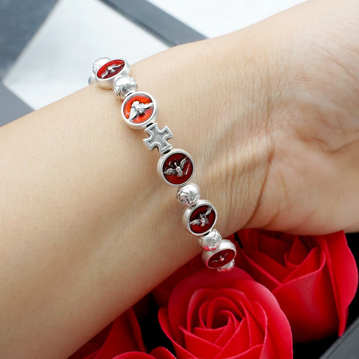 Christianartworkshop Enamel Holy Spirit with Cross and Rose Beads Bracelet: Cherished Symbol of Blessed Protection