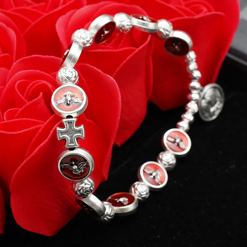 Christianartworkshop Enamel Holy Spirit with Cross and Rose Beads Bracelet: Cherished Symbol of Blessed Protection