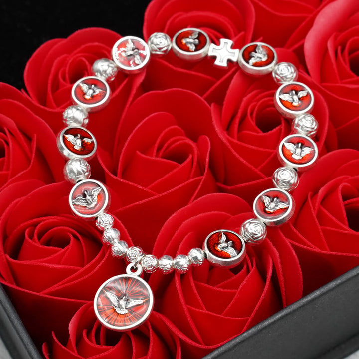 Christianartworkshop Enamel Holy Spirit with Cross and Rose Beads Bracelet: Cherished Symbol of Blessed Protection