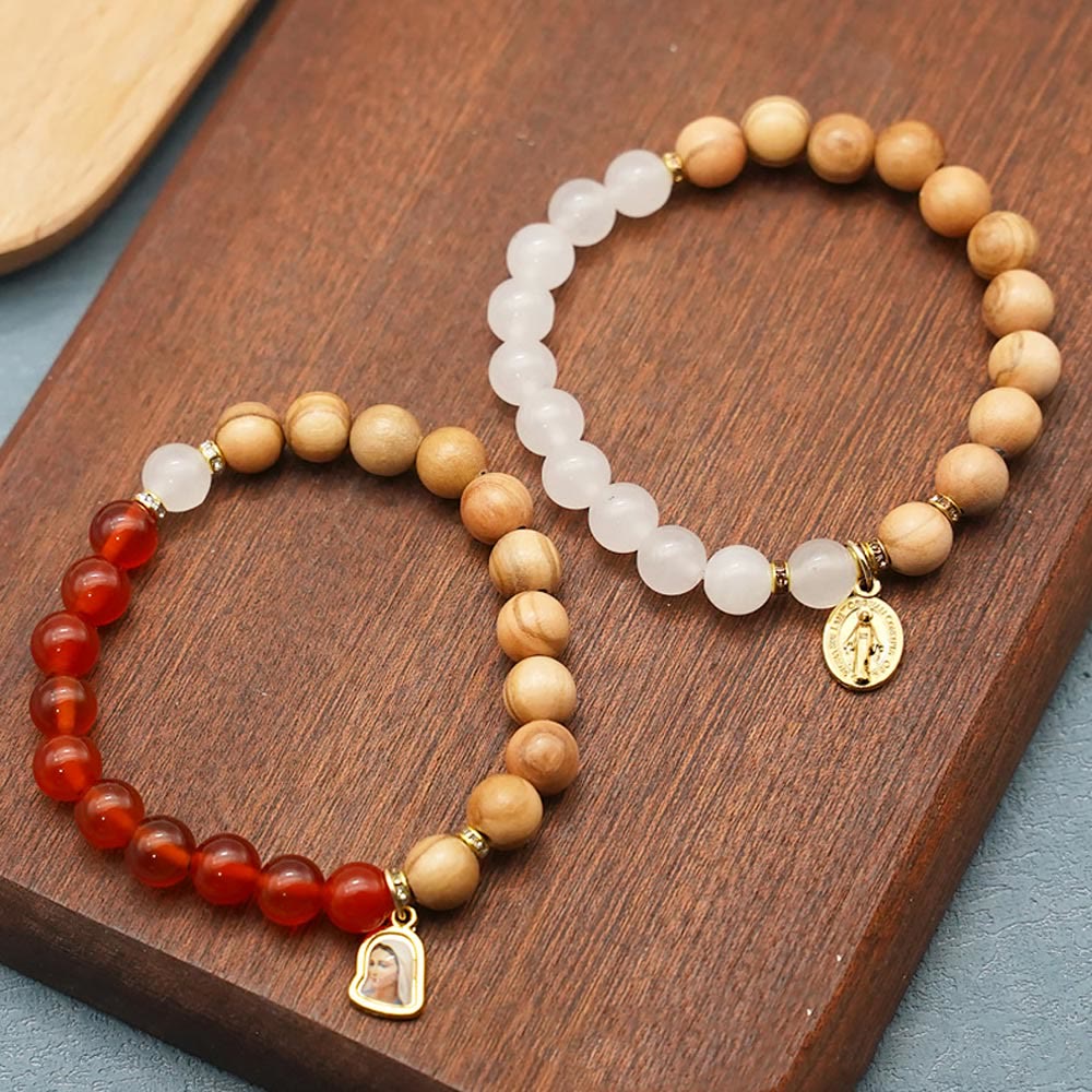 Christianartworkshop Red Agate & White Chalcedony Beads With Our Lady Pendant Bracelets: A Token of Devotion - Agate - image 1