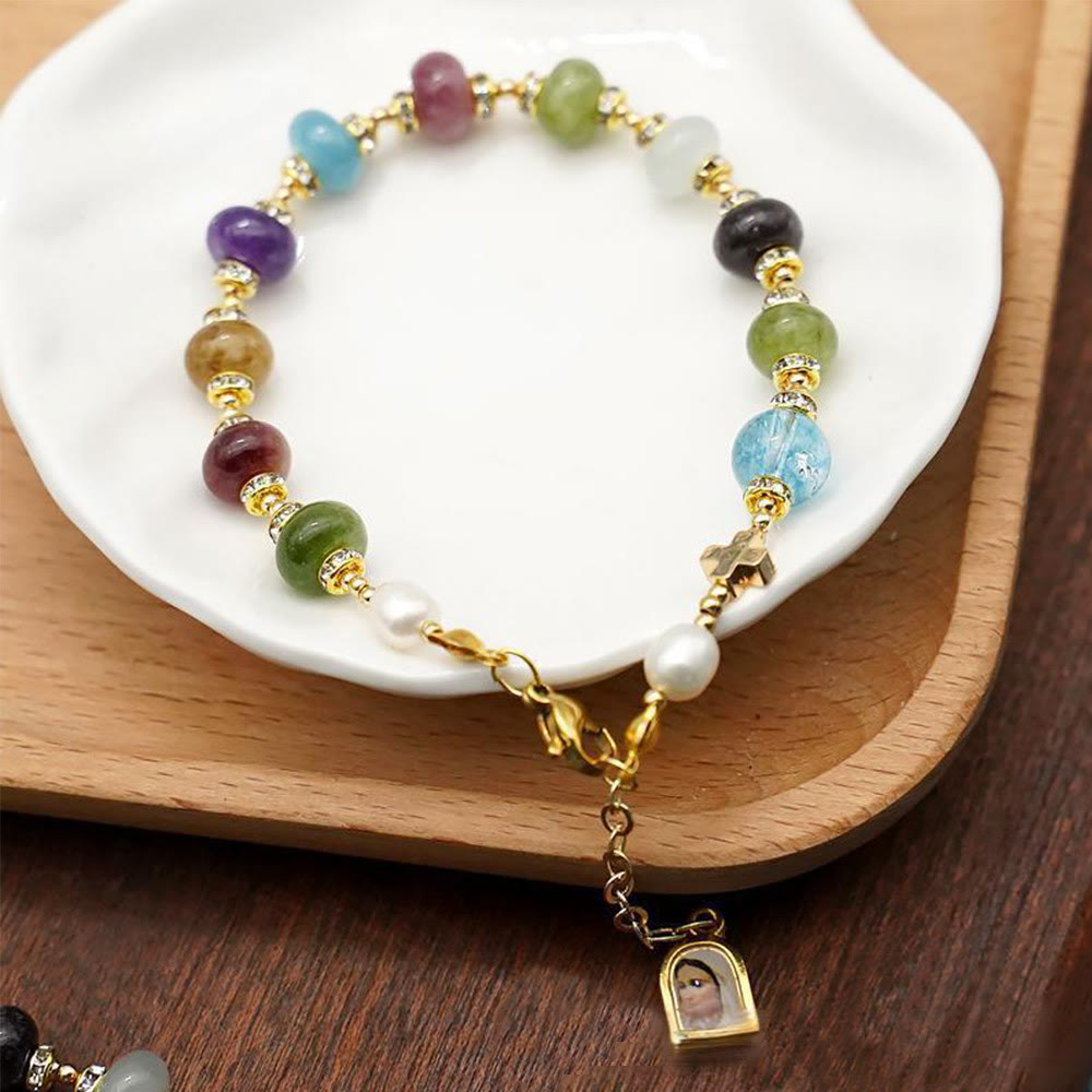 Christianartworkshop Miraculous Medal & Cross of Round Multicolor Natural Tourmaline Agate Bracelet - image 2