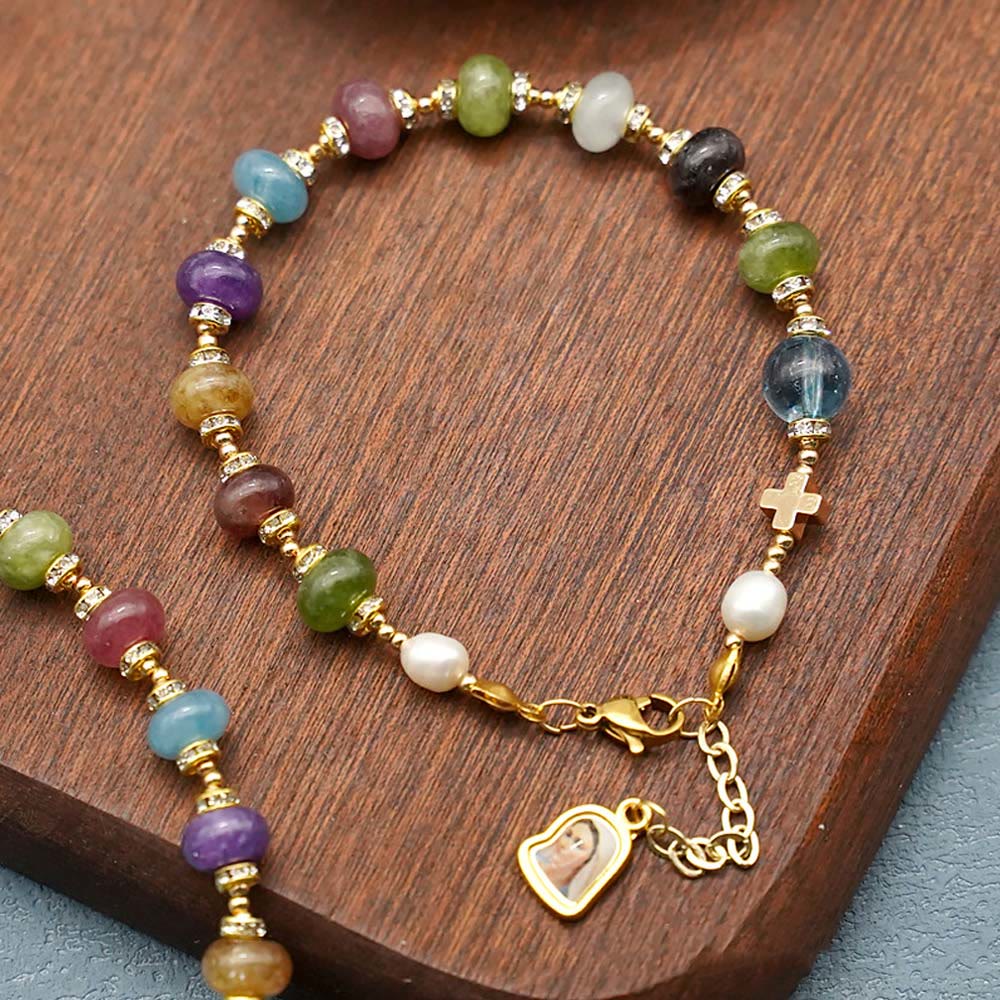 Christianartworkshop Miraculous Medal & Cross of Round Multicolor Natural Tourmaline Agate Bracelet - image 1