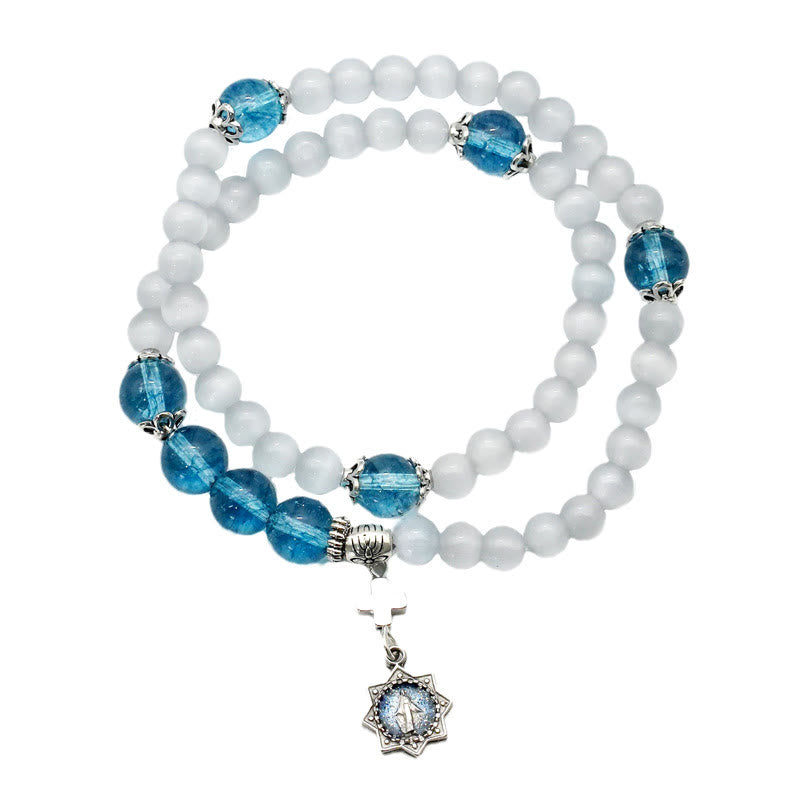 Christianartworkshop Minimalist Adjustable Bracelet with Multicolored Cat's Eye Stones and Miraculous Medal - Warm Grey - image 11